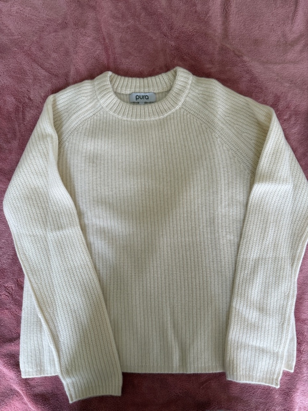 Pura Cashmere Off-White Ribbed Crewneck Sweater
